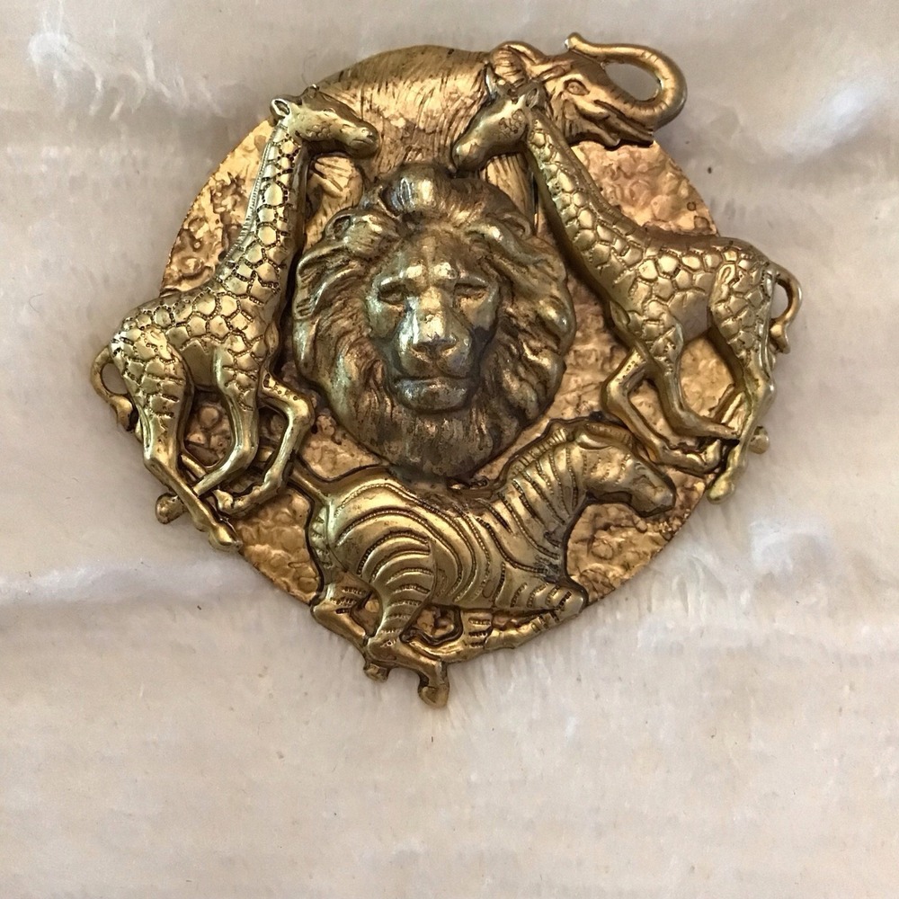 Vintage Giraffe Zebra & Lion African‎ Safari Mixed Metals Large 2.5" Brooch Pin